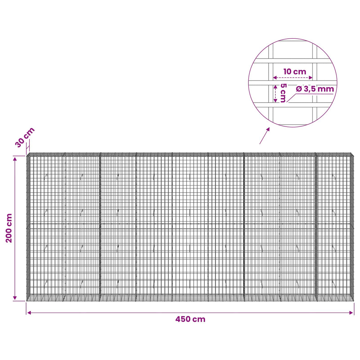 Γκαμπιόν με σύρμα 3,5 mm και πλέγμα 5x10 cm 450x30x200 εκ - Pakobazaar