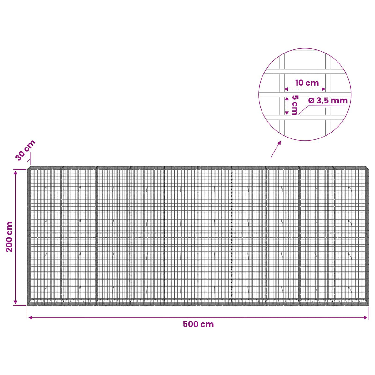 Γκαμπιόν με σύρμα 3,5 mm και πλέγμα 5x10 cm 500x30x200 εκ