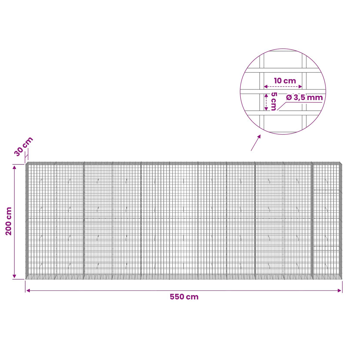Γκαμπιόν με σύρμα 3,5 mm και πλέγμα 5x10 cm 550x30x200 εκ