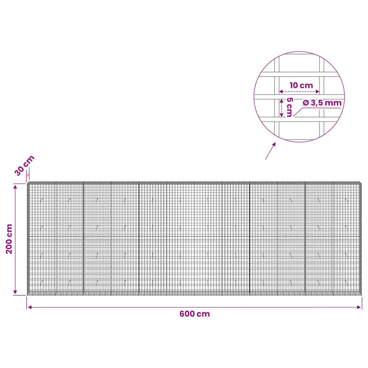 Γκαμπιόν με σύρμα 3,5 mm και πλέγμα 5x10 cm 600x30x200 εκ