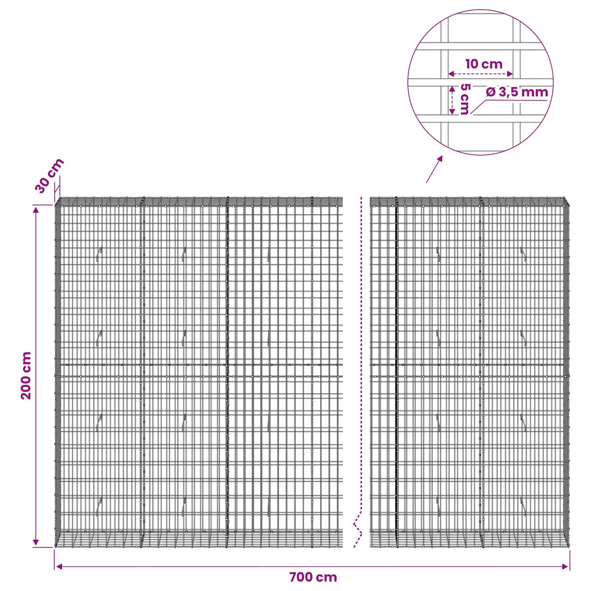 Γκαμπιόν με σύρμα 3,5 mm και πλέγμα 5x10 cm 700x30x200 εκ. - Pakobazaar