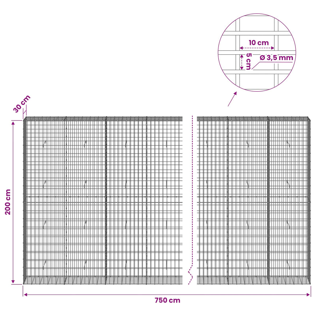 Γκαμπιόν με σύρμα 3,5 mm και πλέγμα 5x10 cm 750x30x200 εκ - Pakobazaar