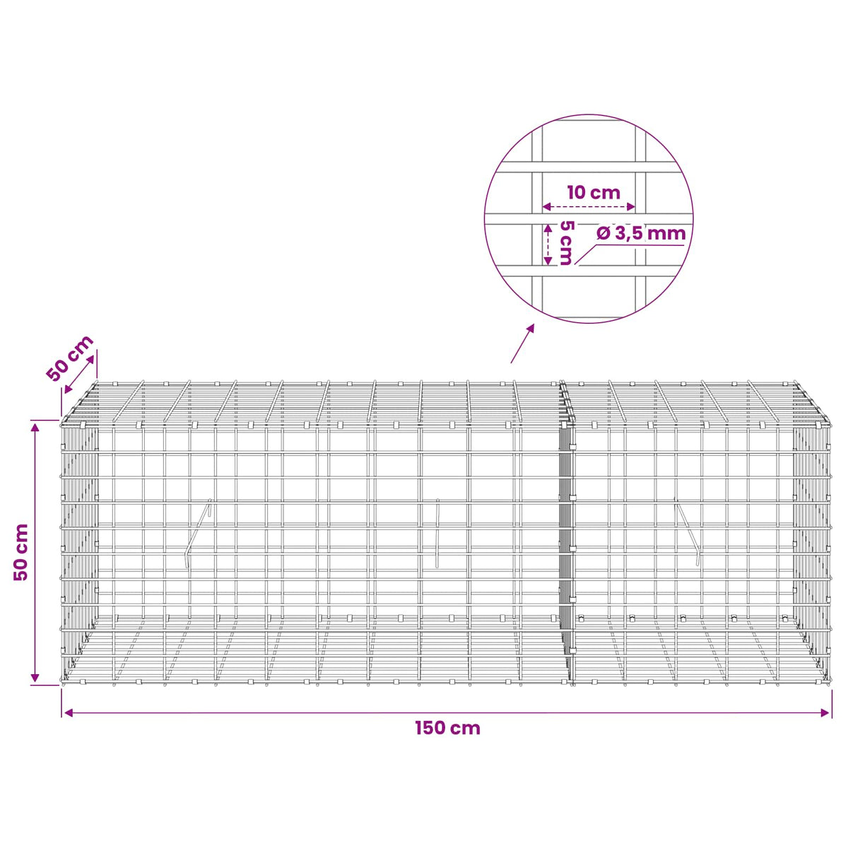 Γκαμπιόν με σύρμα 3,5 mm και πλέγμα 5x10 cm 150x50x50 εκ. - Pakobazaar