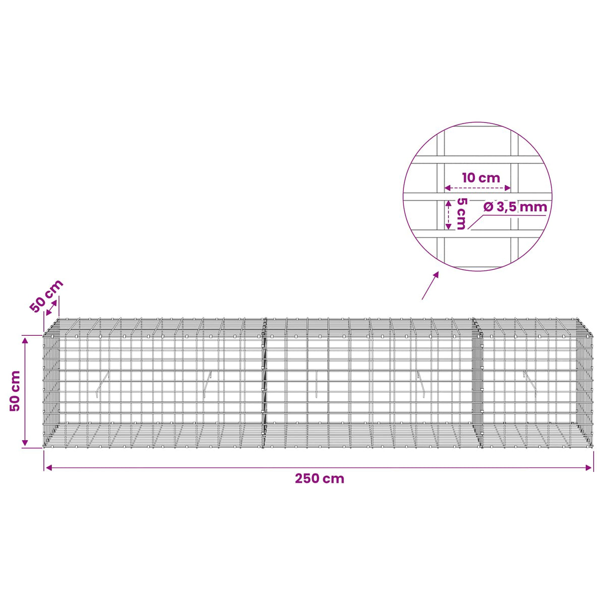 Γκαμπιόν με σύρμα 3,5 mm και πλέγμα 5x10 cm 250x50x50 εκ