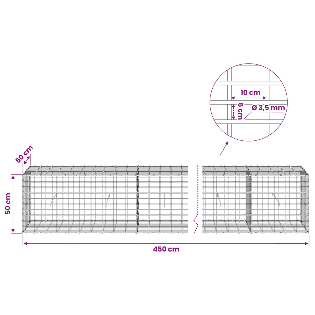 Γκαμπιόν με σύρμα 3,5 mm και πλέγμα 5x10 cm 450x50x50 εκ