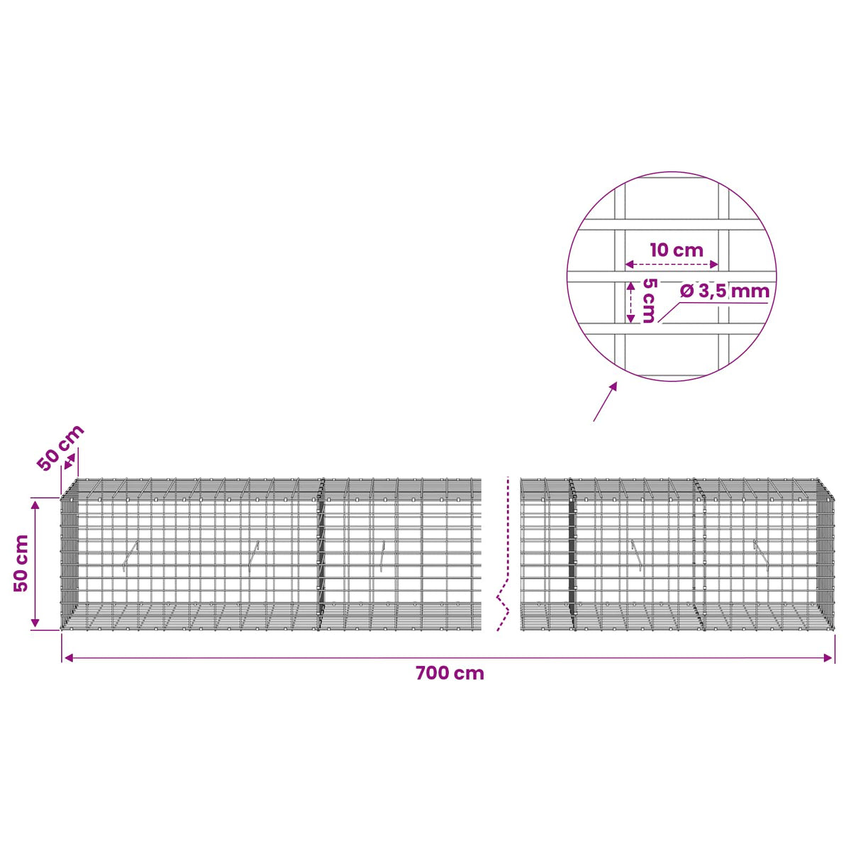 Γκαμπιόν με σύρμα 3,5 mm και πλέγμα 5x10 cm 700x50x50 εκ - Pakobazaar