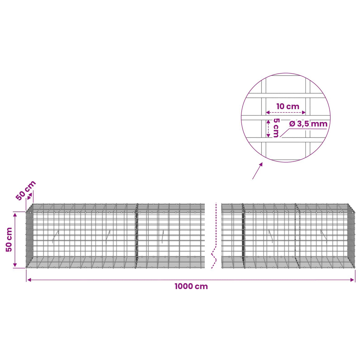 Γκαμπιόν με σύρμα 3,5 mm και πλέγμα 5x10 cm 1000x50x50 εκ. - Pakobazaar