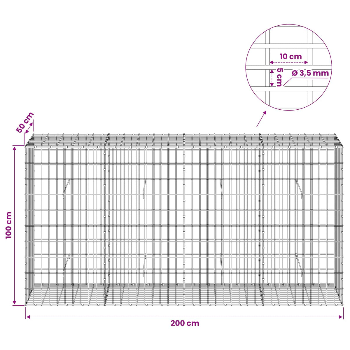 Γκαμπιόν με σύρμα 3,5 mm και πλέγμα 5x10 cm 200x50x100 εκ