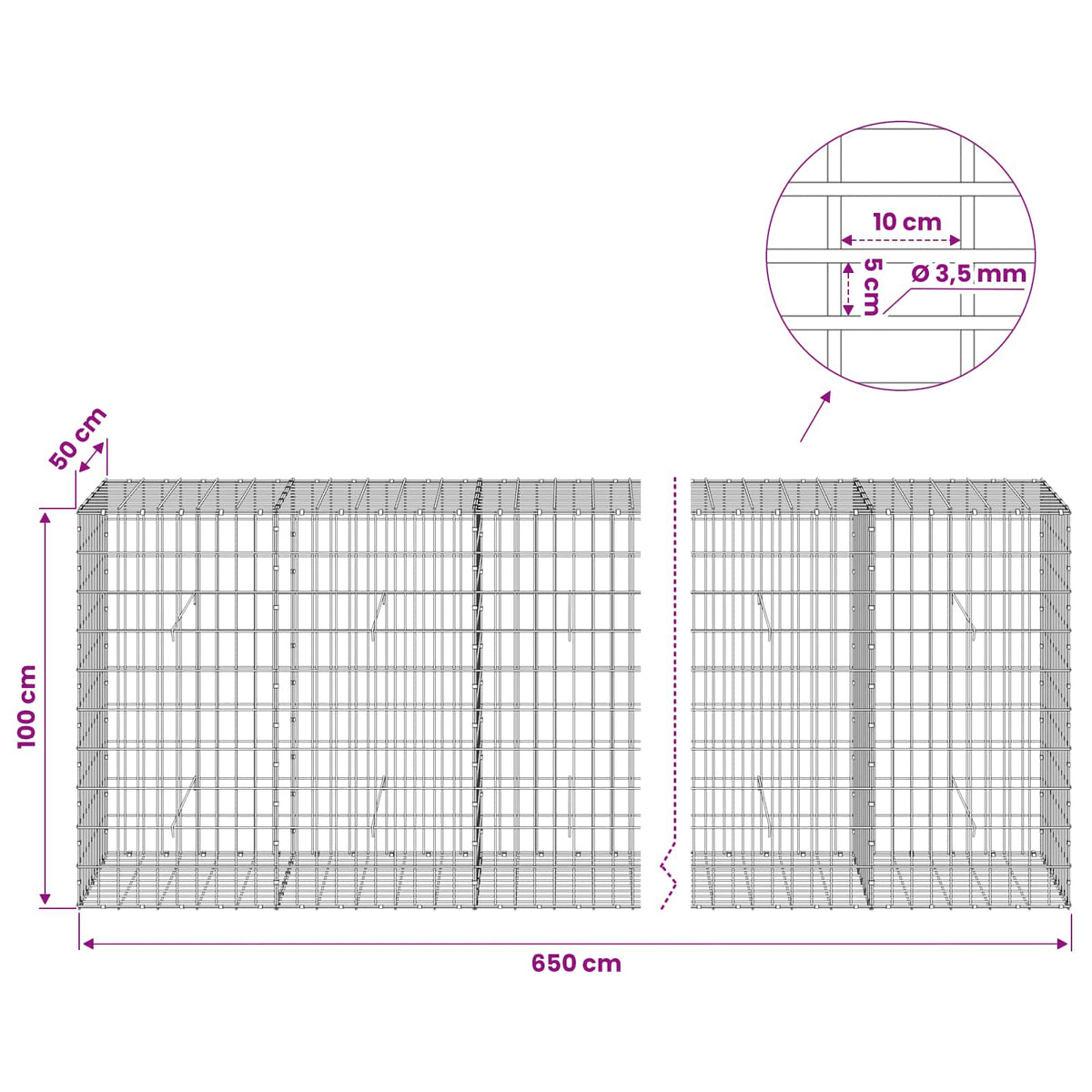 Γκαμπιόν με σύρμα 3,5 mm και πλέγμα 5x10 cm 650x50x100 εκ
