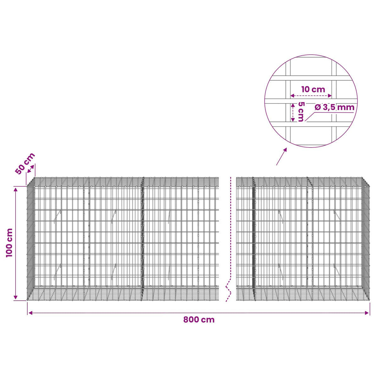 Γκαμπιόν με σύρμα 3,5 mm και πλέγμα 5x10 cm 800x50x100 εκ - Pakobazaar