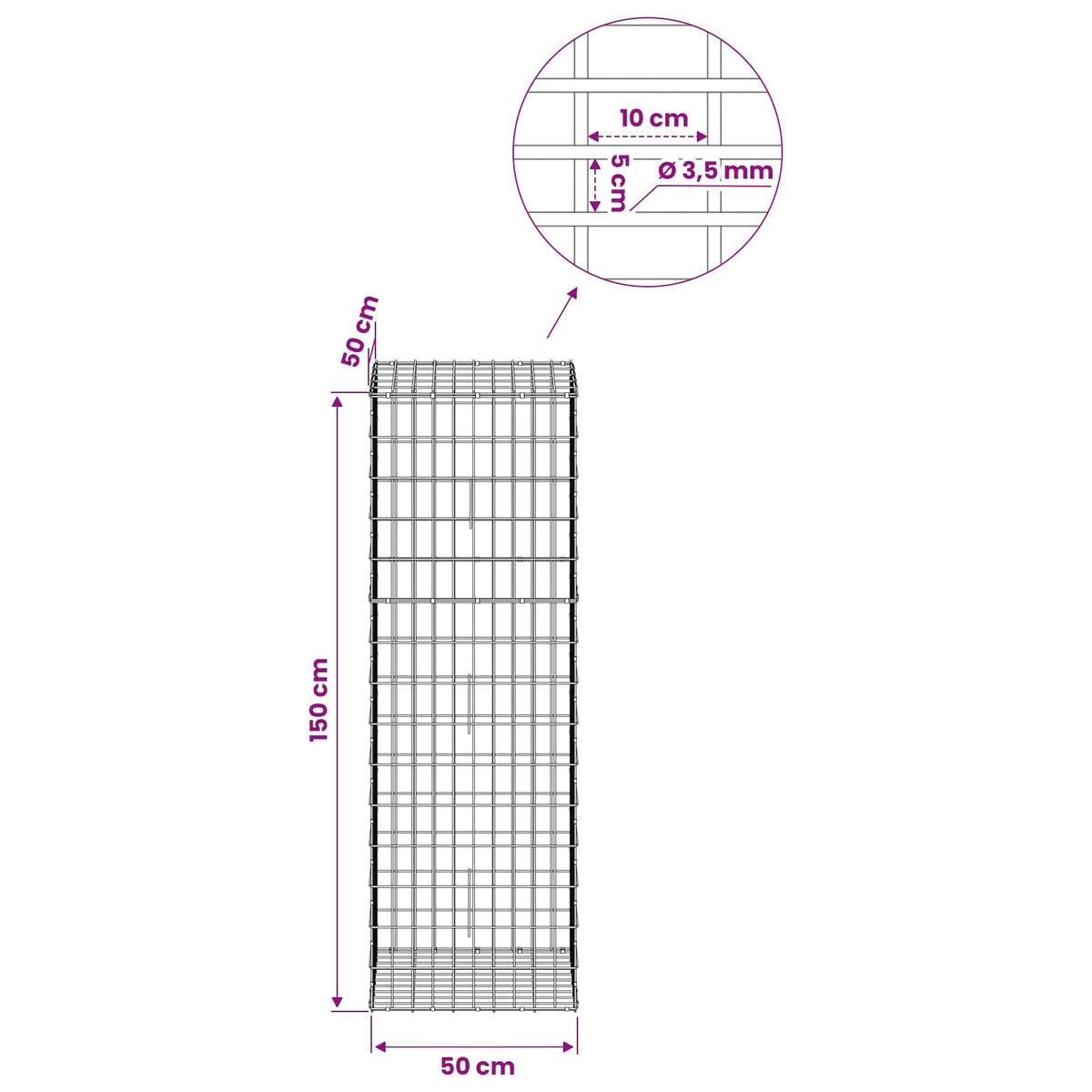 Γκαμπιόν με σύρμα 3,5 mm και πλέγμα 5x10 cm 50x50x150 εκ - Pakobazaar