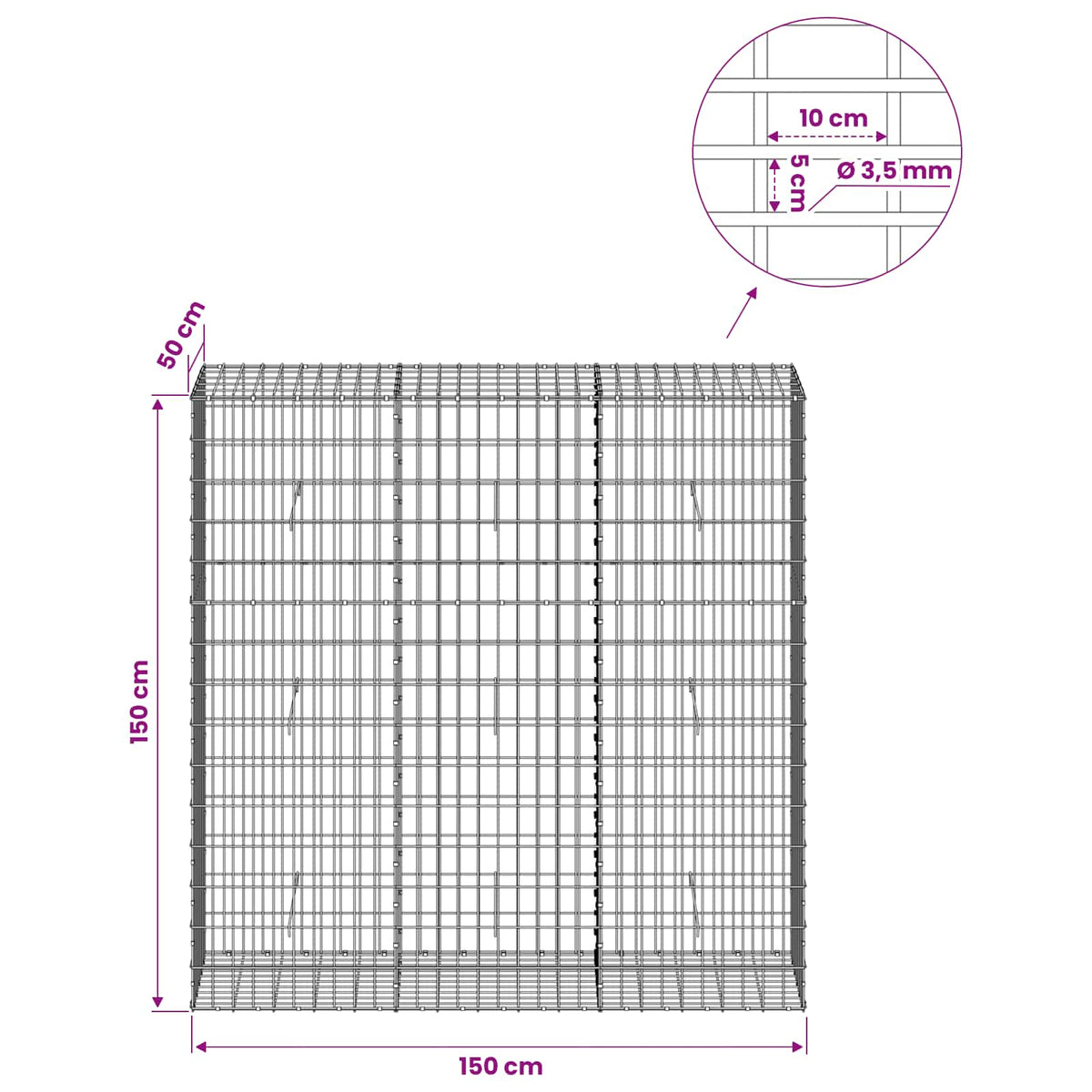 Γκαμπιόν με σύρμα 3,5 mm και πλέγμα 5x10 cm 150x50x150 εκ - Pakobazaar