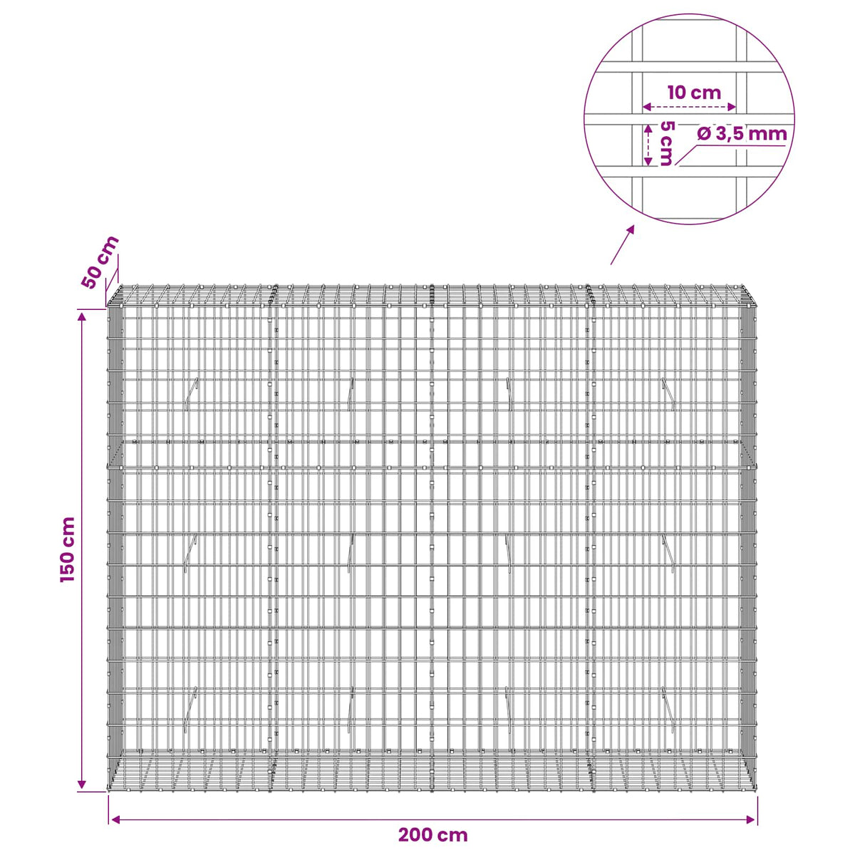 Γκαμπιόν με σύρμα 3,5 mm και πλέγμα 5x10 cm 200x50x150 εκ - Pakobazaar