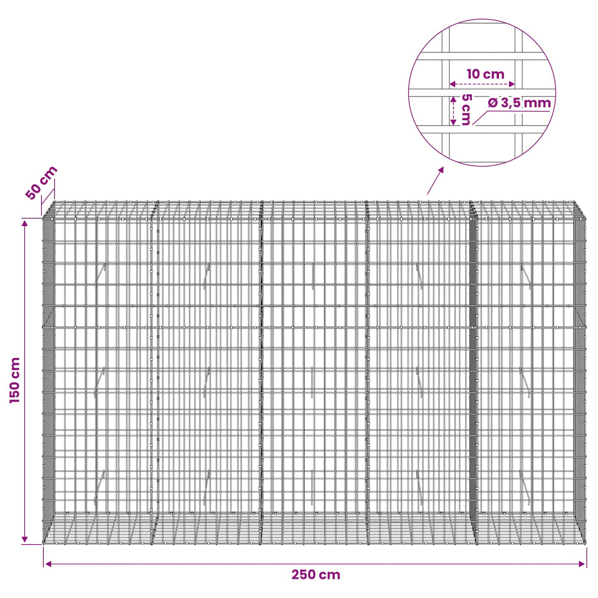Γκαμπιόν με σύρμα 3,5 mm και πλέγμα 5x10 cm 250x50x150 εκ - Pakobazaar