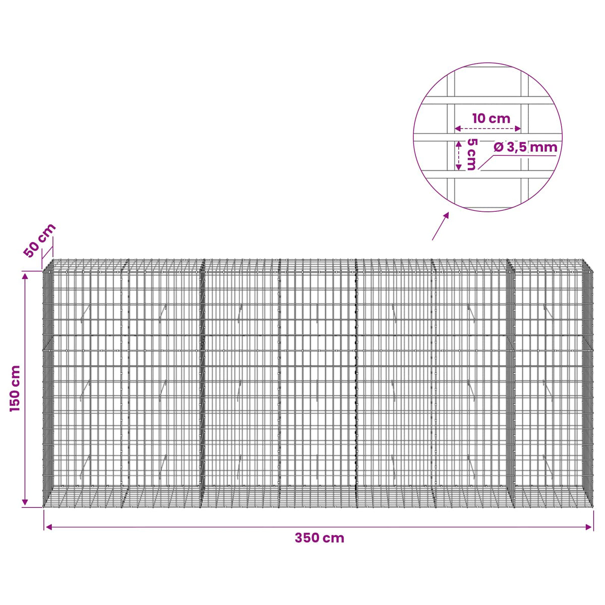 Γκαμπιόν με σύρμα 3,5 mm και πλέγμα 5x10 cm 350x50x150 εκ - Pakobazaar