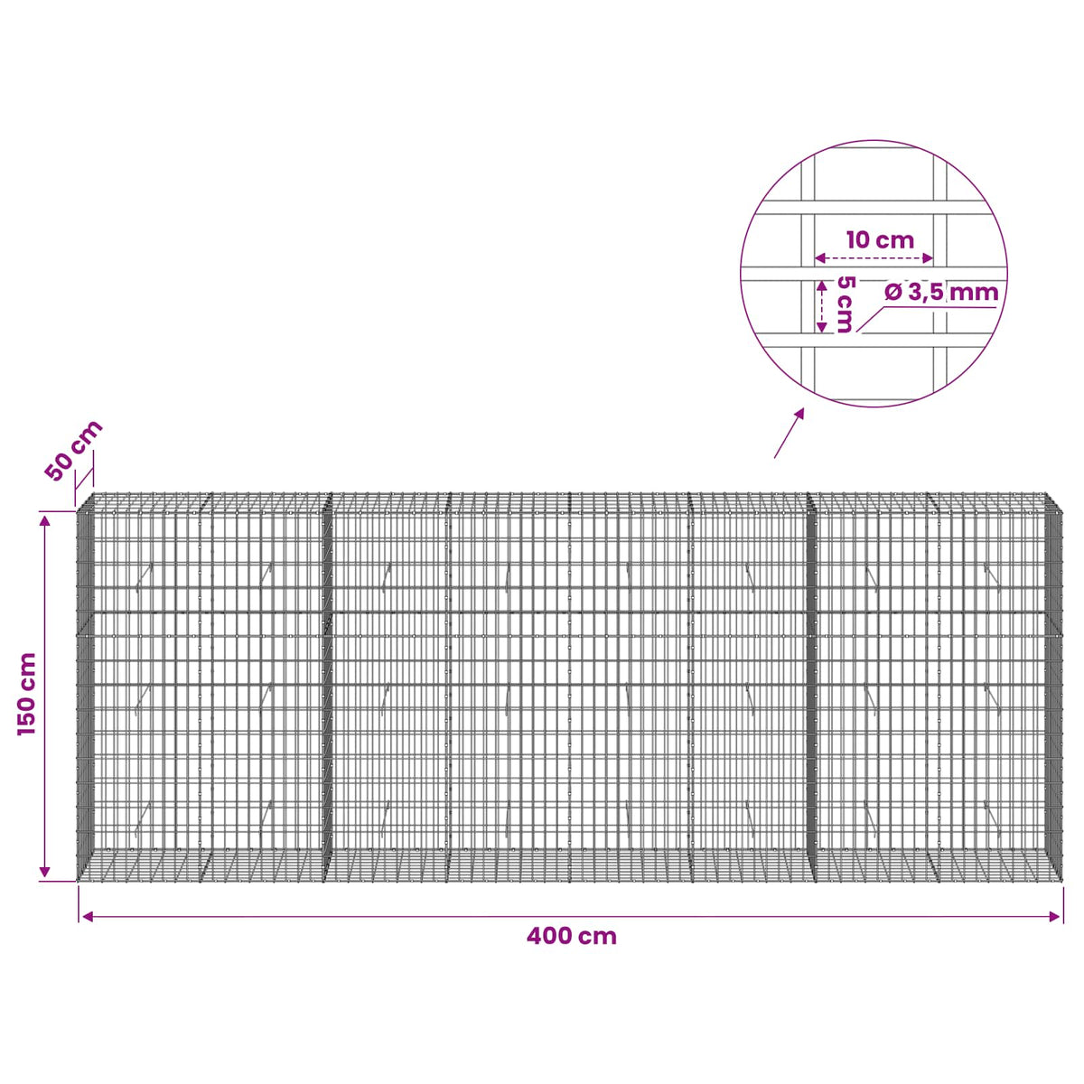 Γκαμπιόν με σύρμα 3,5 mm και πλέγμα 5x10 cm 400x50x150 εκ - Pakobazaar