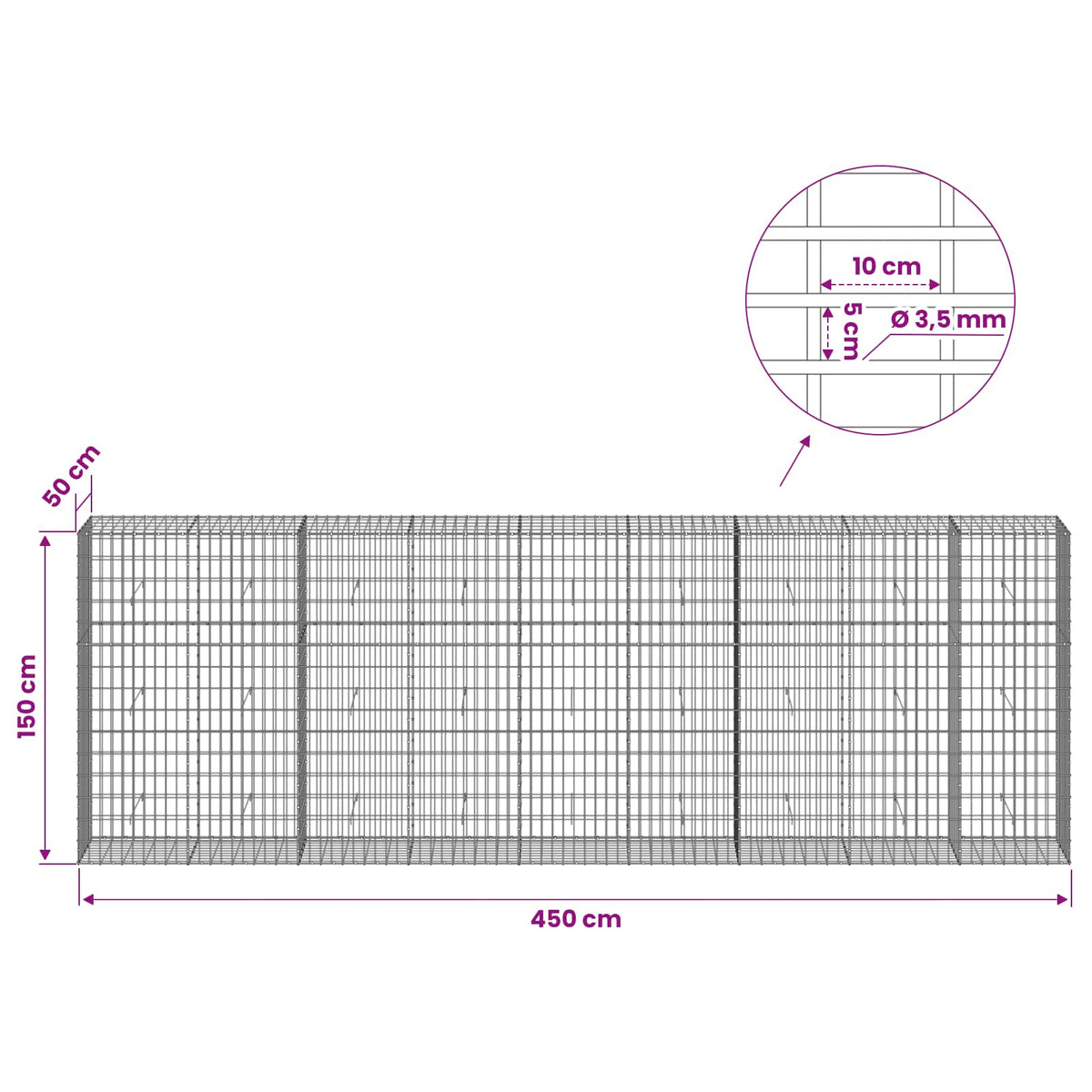 Γκαμπιόν με σύρμα 3,5 mm και πλέγμα 5x10 cm 450x50x150 εκ - Pakobazaar