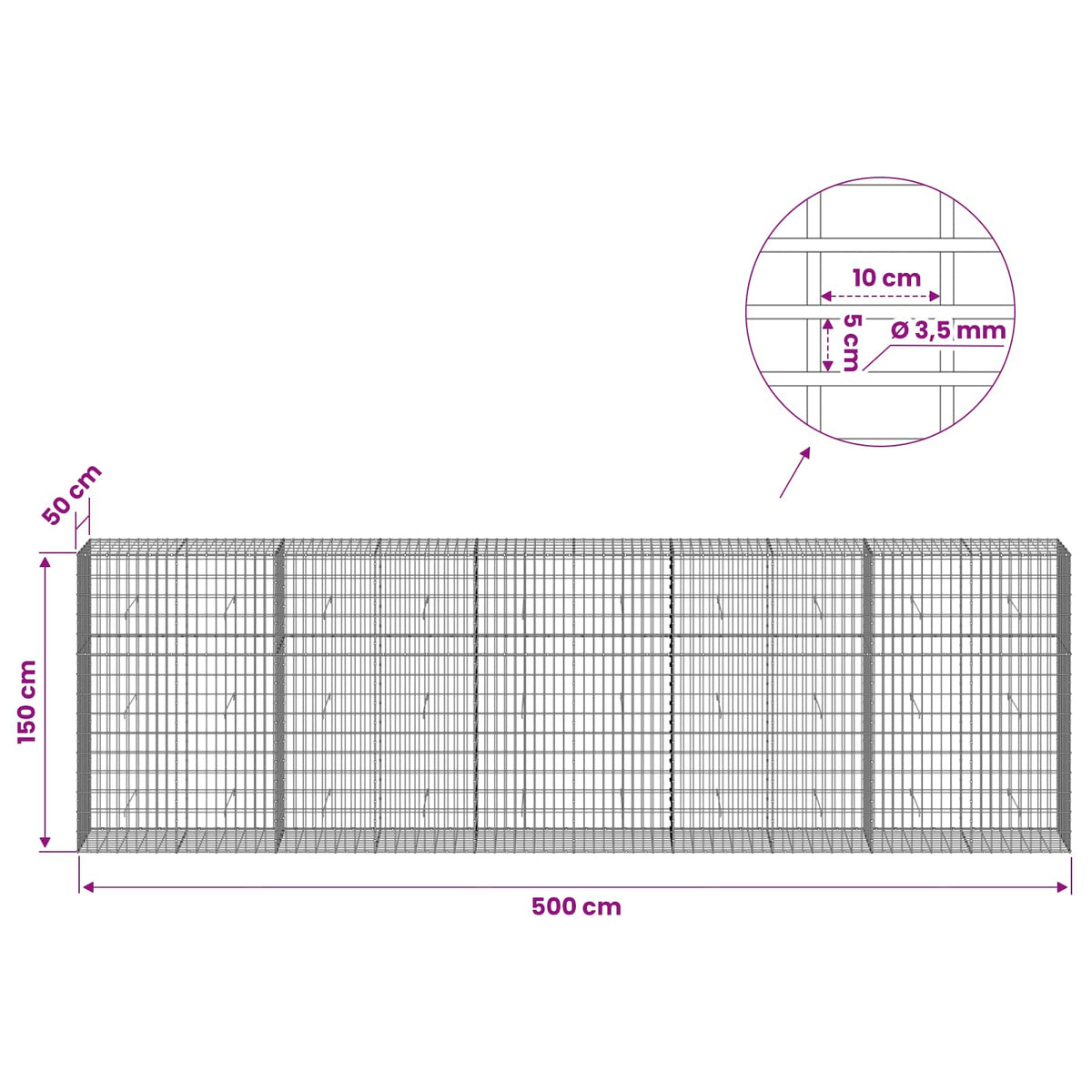 Γκαμπιόν με σύρμα 3,5 mm και πλέγμα 5x10 cm 500x50x150 εκ - Pakobazaar