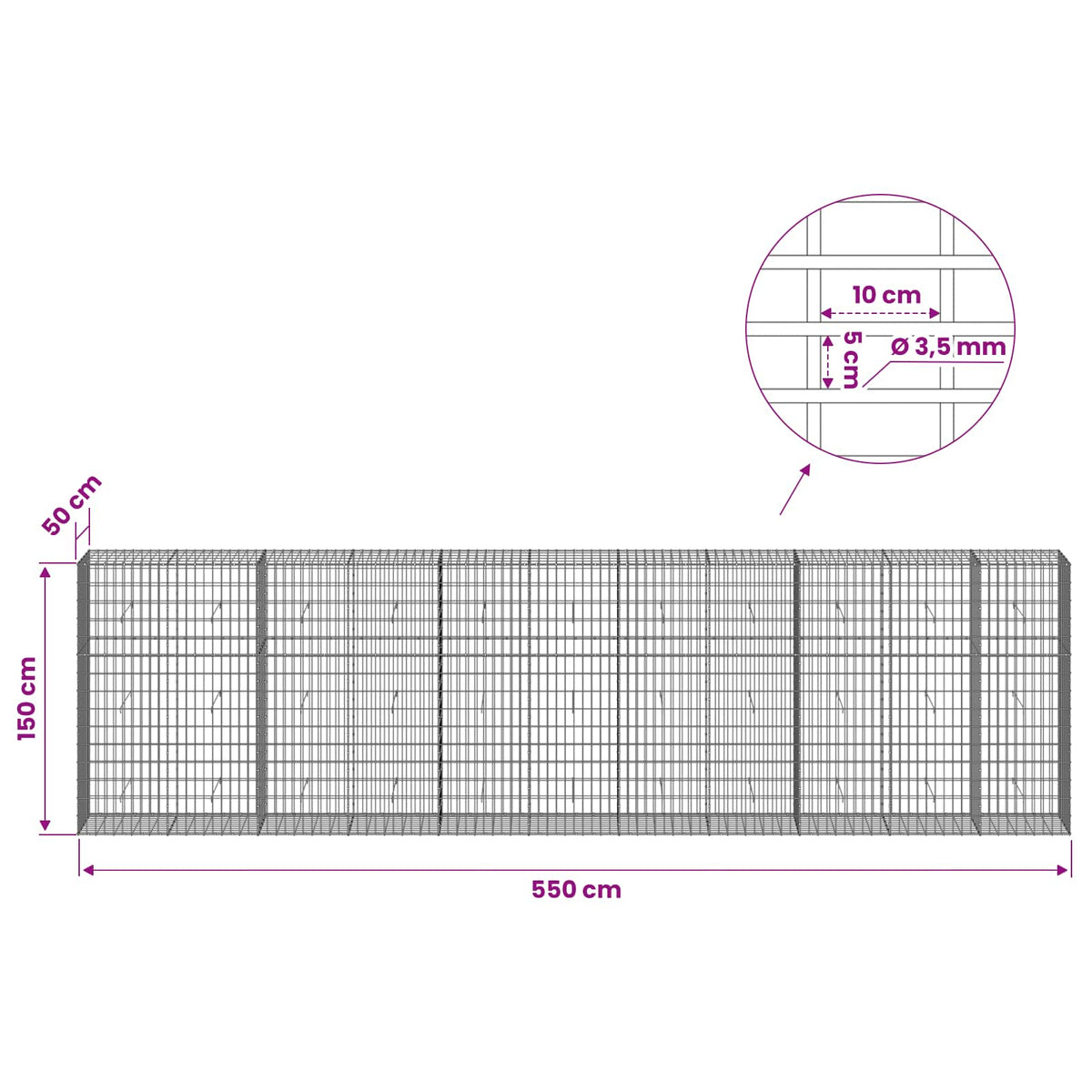 Γκαμπιόν με σύρμα 3,5 mm και πλέγμα 5x10 cm 550x50x150 εκ. - Pakobazaar