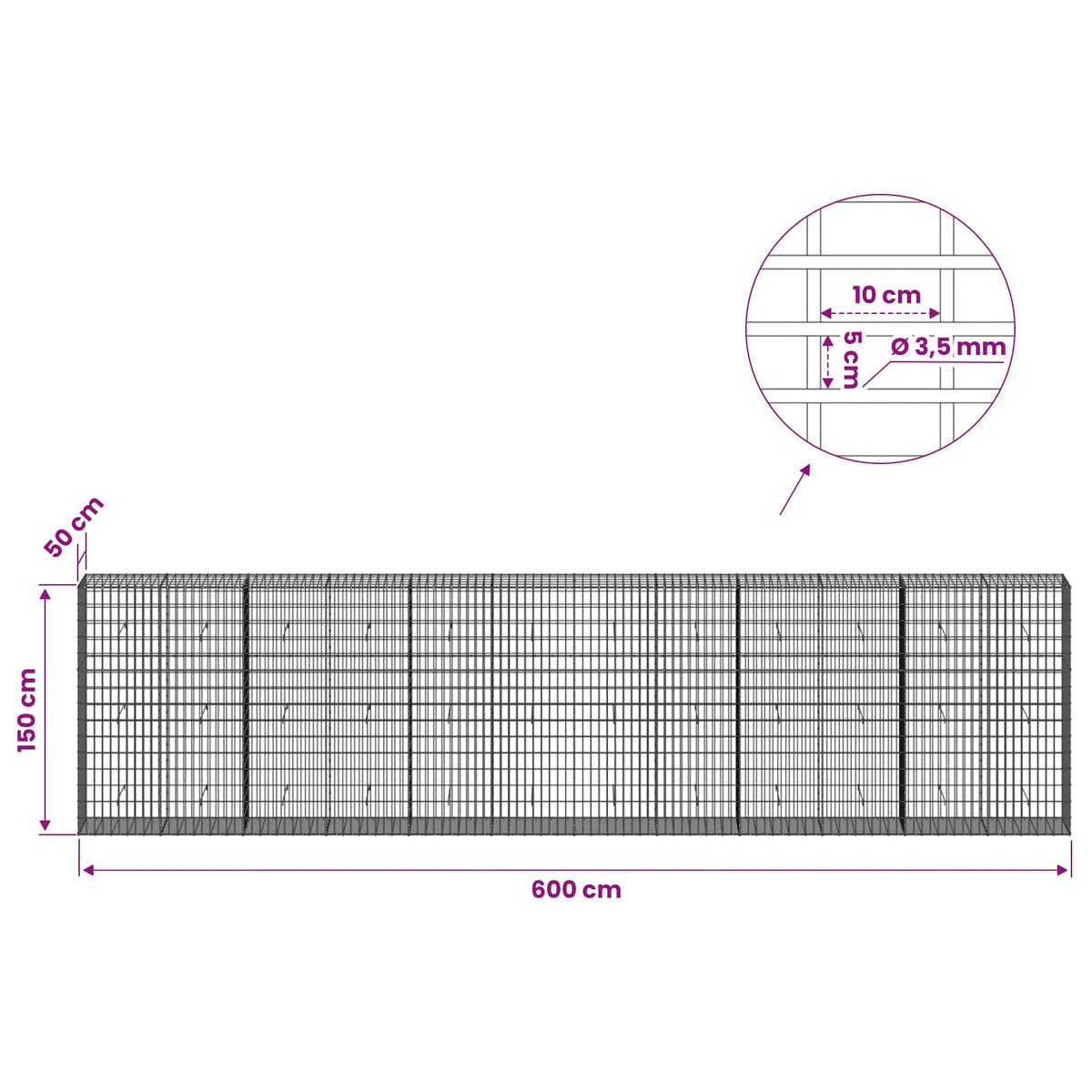 Γκαμπιόν με σύρμα 3,5 mm και πλέγμα 5x10 cm 600x50x150 εκ - Pakobazaar