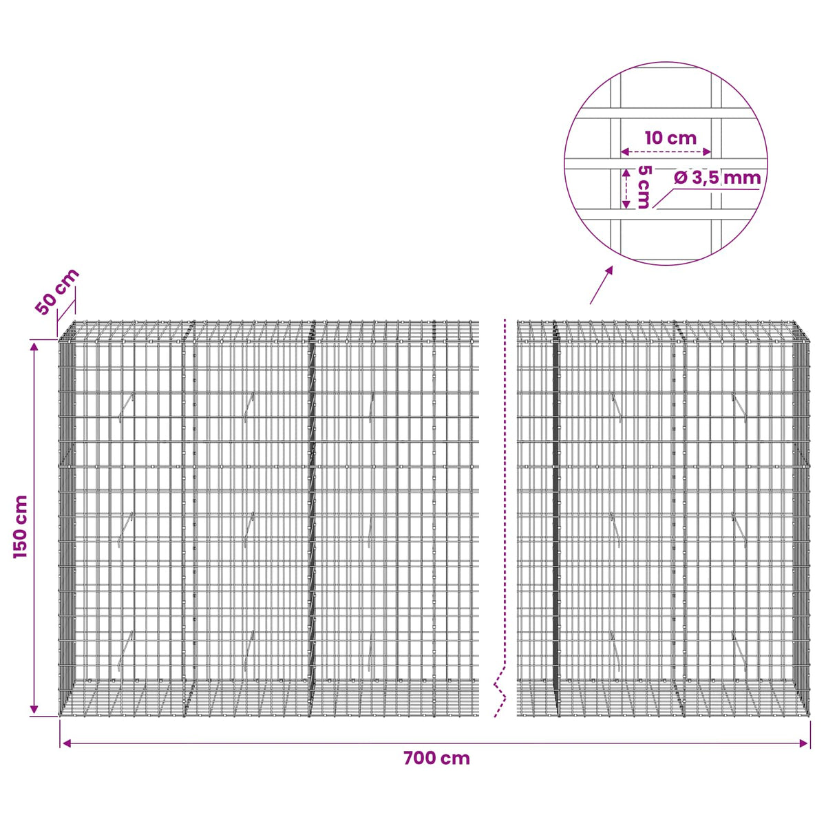 Γκαμπιόν με σύρμα 3,5 mm και πλέγμα 5x10 cm 700x50x150 εκ.