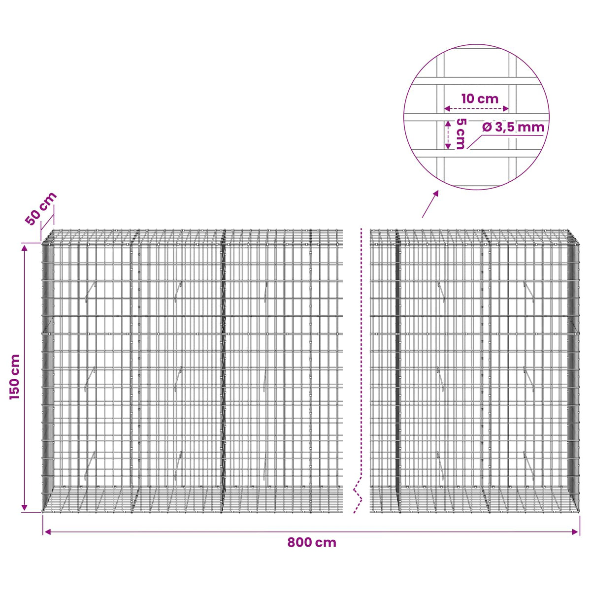 Γκαμπιόν με σύρμα 3,5 mm και πλέγμα 5x10 cm 800x50x150 εκ. - Pakobazaar