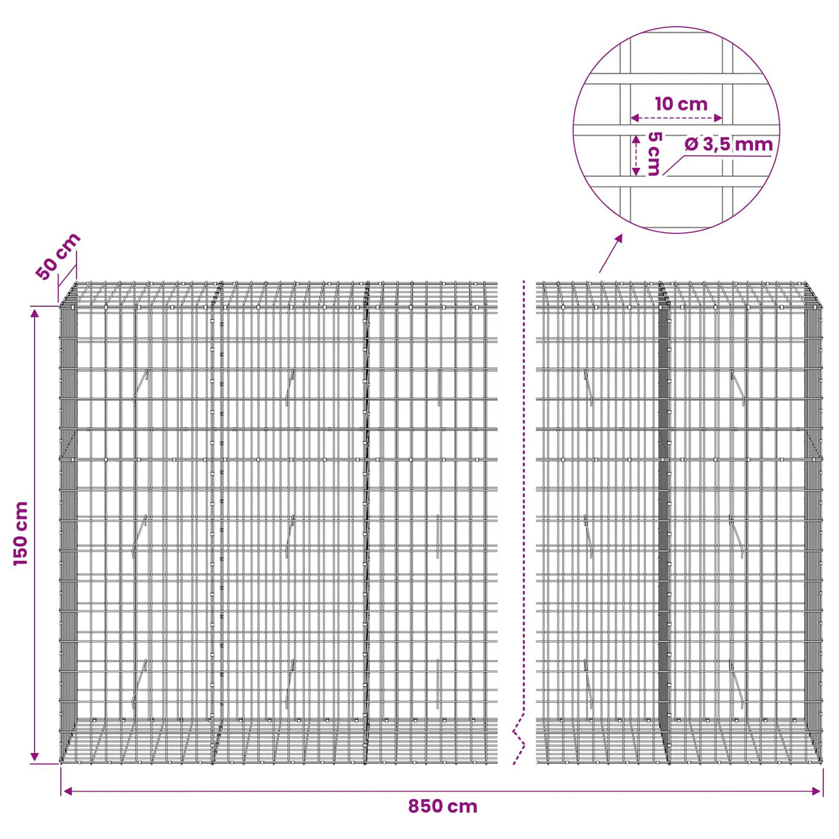 Γκαμπιόν με σύρμα 3,5 mm και πλέγμα 5x10 cm 850x50x150 εκ - Pakobazaar