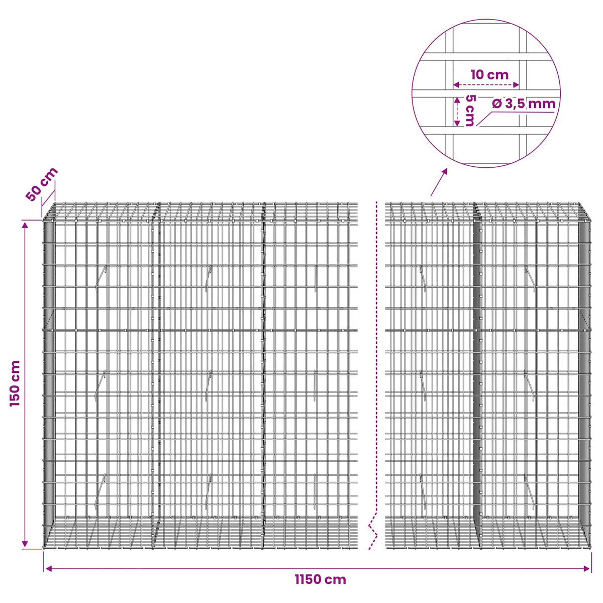 Γκαμπιόν με σύρμα 3,5 mm και πλέγμα 5x10 cm 1150x50x150 εκ