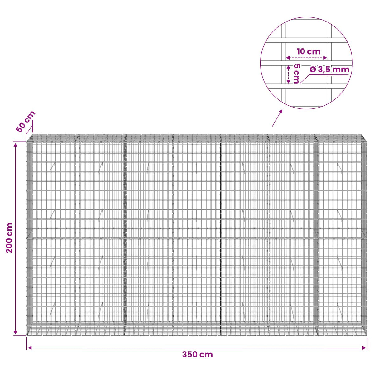 Γκαμπιόν με σύρμα 3,5 mm και πλέγμα 5x10 cm 350x50x200 εκ