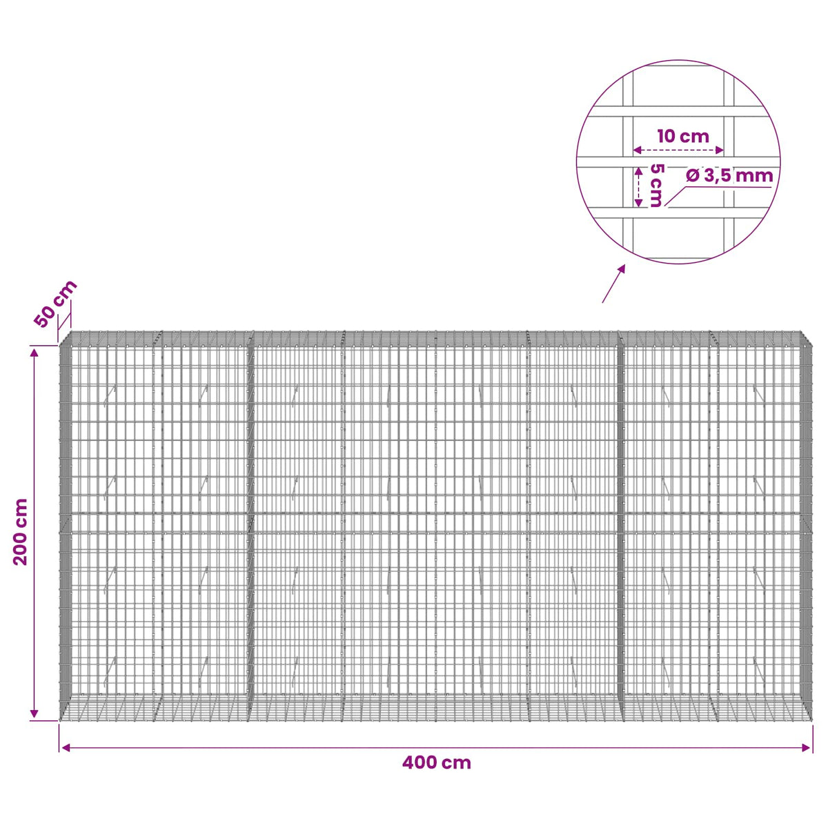 Γκαμπιόν με σύρμα 3,5 mm και πλέγμα 5x10 cm 400x50x200 εκ - Pakobazaar