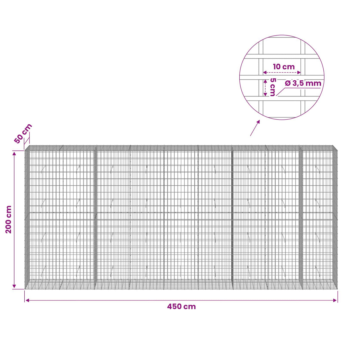 Γκαμπιόν με σύρμα 3,5 mm και πλέγμα 5x10 cm 450x50x200 εκ