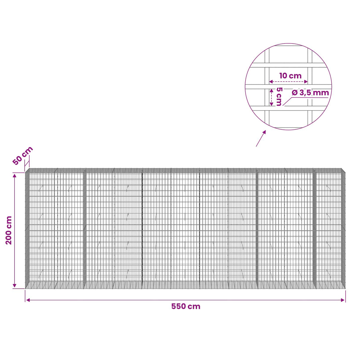 Γκαμπιόν με σύρμα 3,5 mm και πλέγμα 5x10 cm 550x50x200 εκ.
