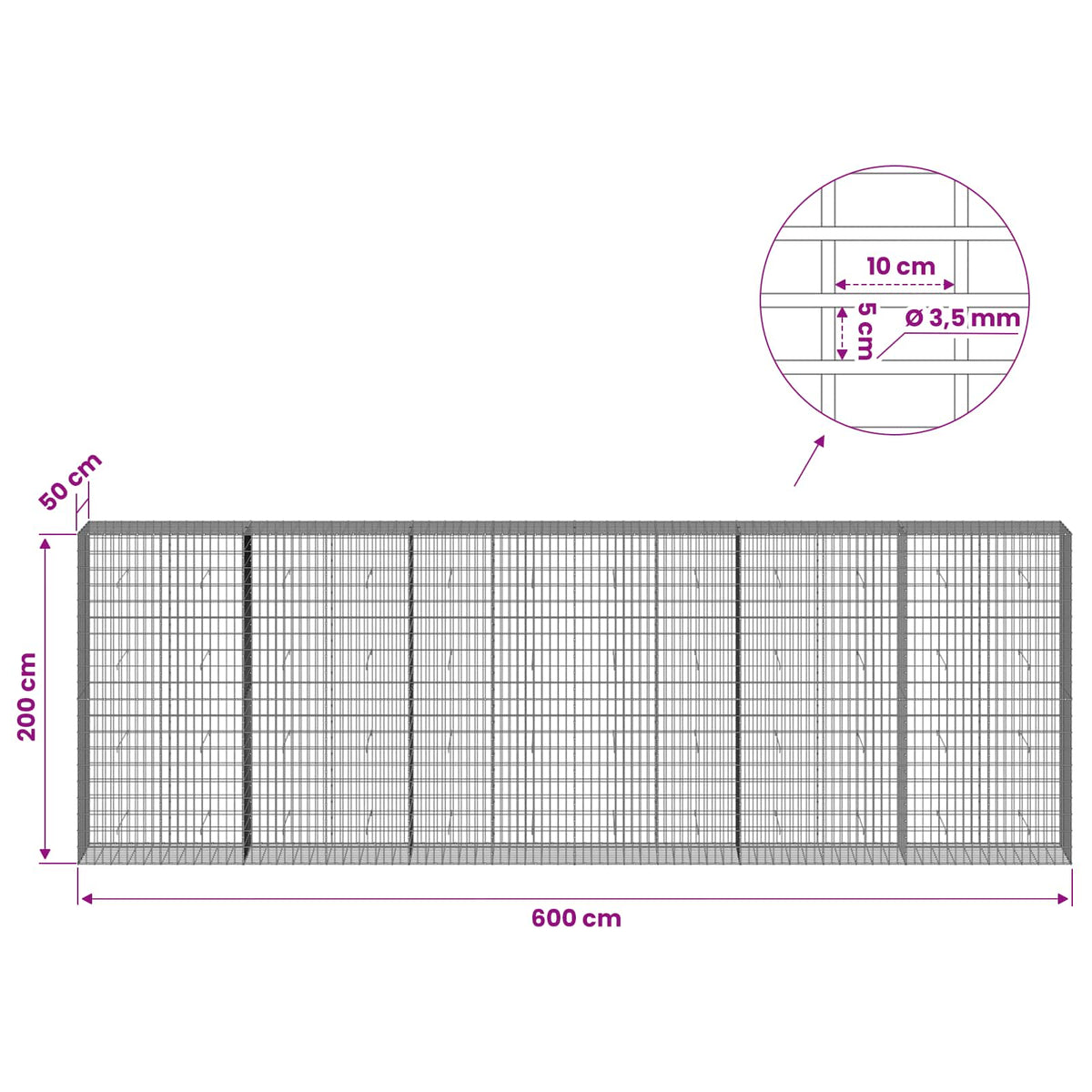 Γκαμπιόν με σύρμα 3,5 mm και πλέγμα 5x10 cm 600x50x200 εκ - Pakobazaar