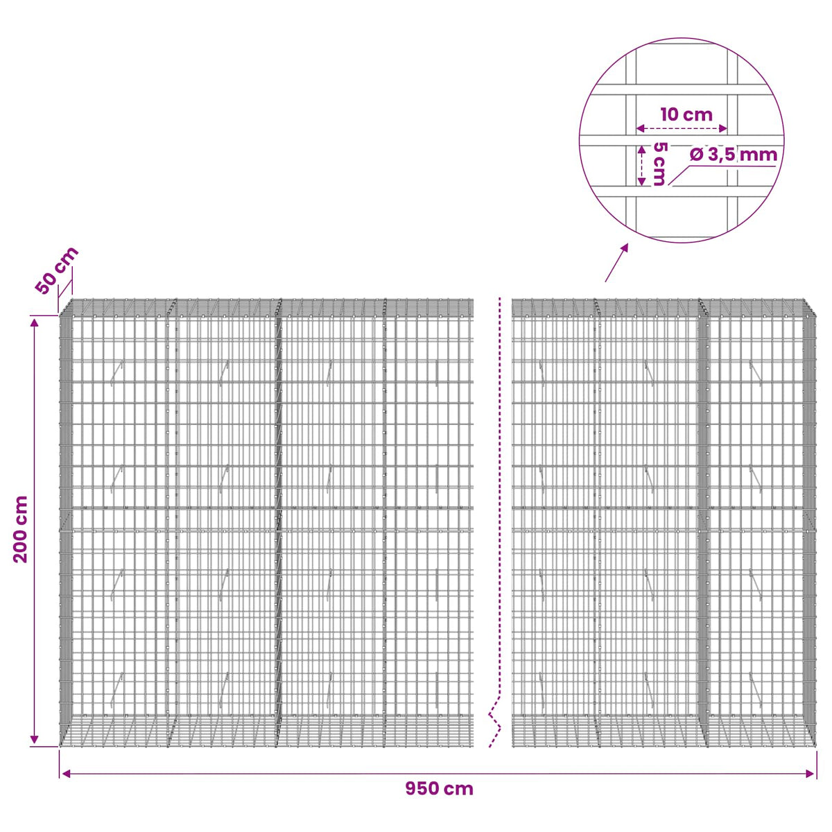 Γκαμπιόν με σύρμα 3,5 mm και πλέγμα 5x10 cm 950x50x200 εκ - Pakobazaar