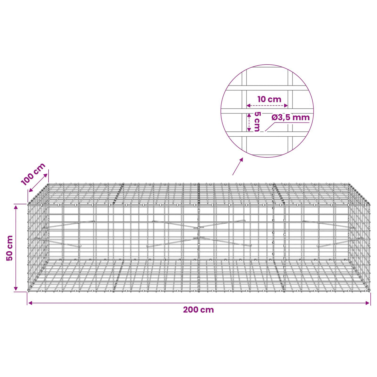 Γκαμπιόν με σύρμα 3,5 mm και πλέγμα 5x10 cm 200x100x50 εκ - Pakobazaar