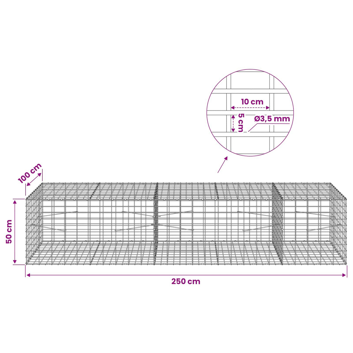 Γκαμπιόν με σύρμα 3,5 mm και πλέγμα 5x10 cm 250x100x50 εκ.