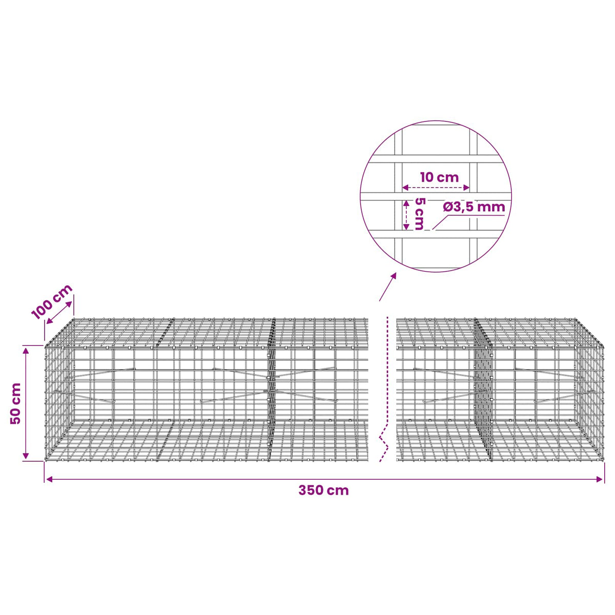 Γκαμπιόν με σύρμα 3,5 mm και πλέγμα 5x10 cm 350x100x50 εκ.