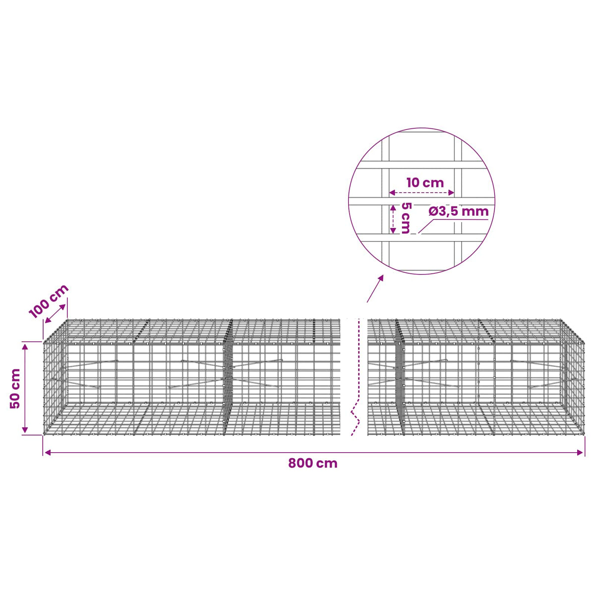 Γκαμπιόν με σύρμα 3,5 mm και πλέγμα 5x10 cm 800x100x50 εκ. - Pakobazaar