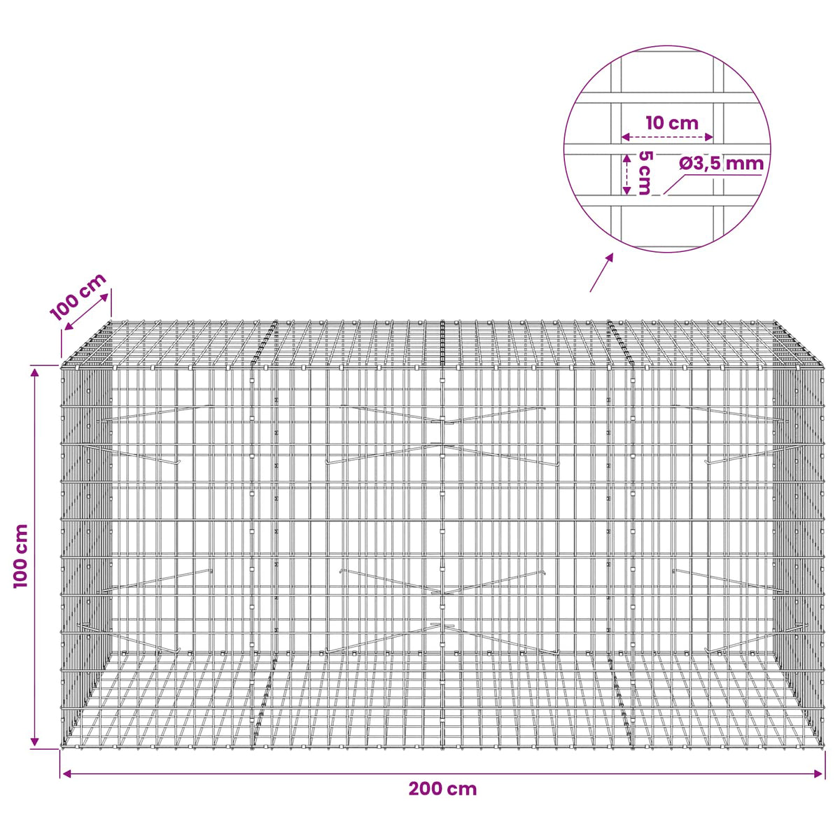 Γκαμπιόν με σύρμα 3,5 mm και πλέγμα 5x10 cm 200x100x100 εκ. - Pakobazaar