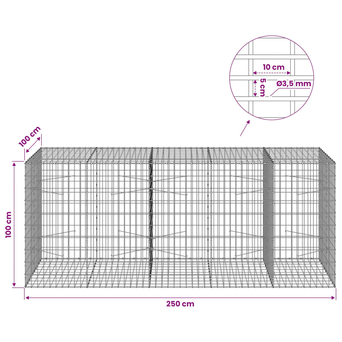 Γκαμπιόν με σύρμα 3,5 mm και πλέγμα 5x10 cm 250x100x100 εκ.