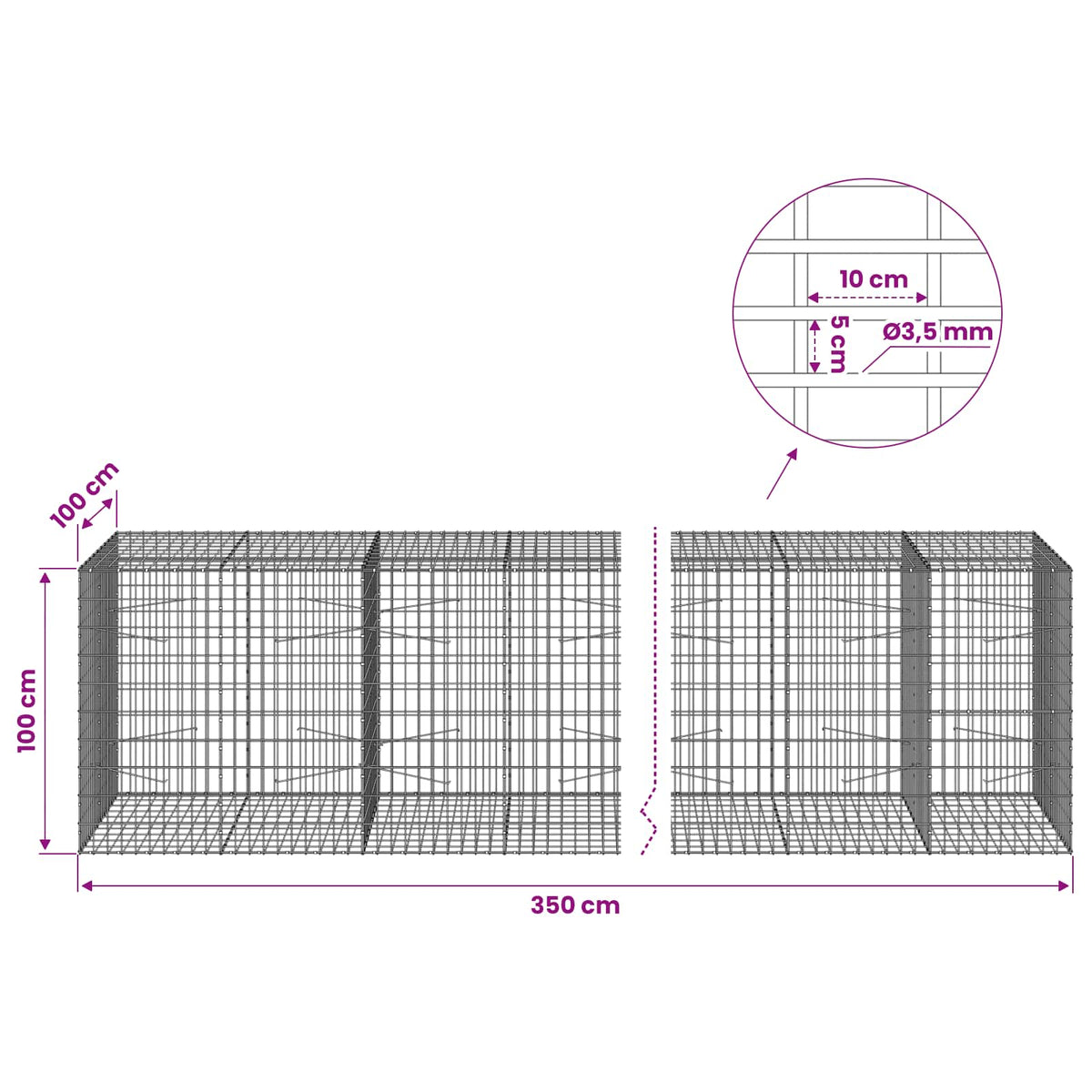 Γκαμπιόν με σύρμα 3,5 mm και πλέγμα 5x10 cm 350x100x100 εκ. - Pakobazaar