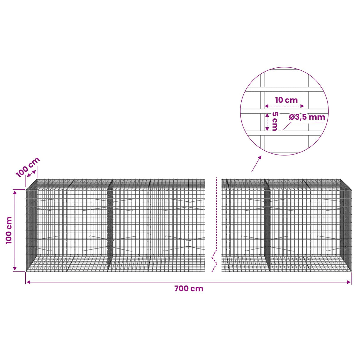 Γκαμπιόν με σύρμα 3,5 mm και πλέγμα 5x10 cm 700x100x100 εκ. - Pakobazaar