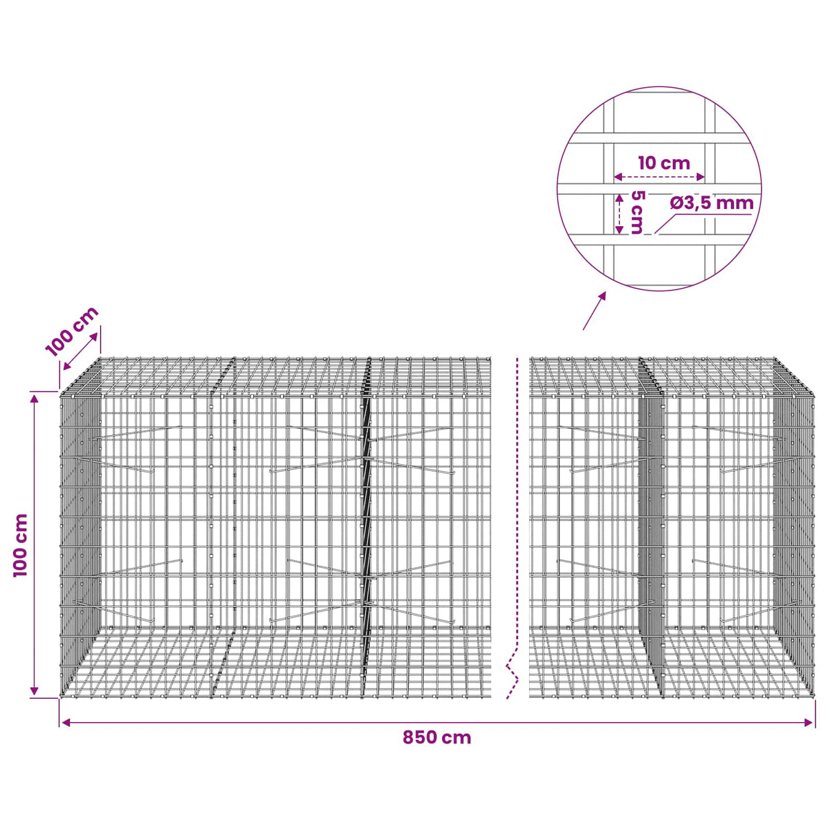Γκαμπιόν με σύρμα 3,5 mm και πλέγμα 5x10 cm 850x100x100 εκ - Pakobazaar