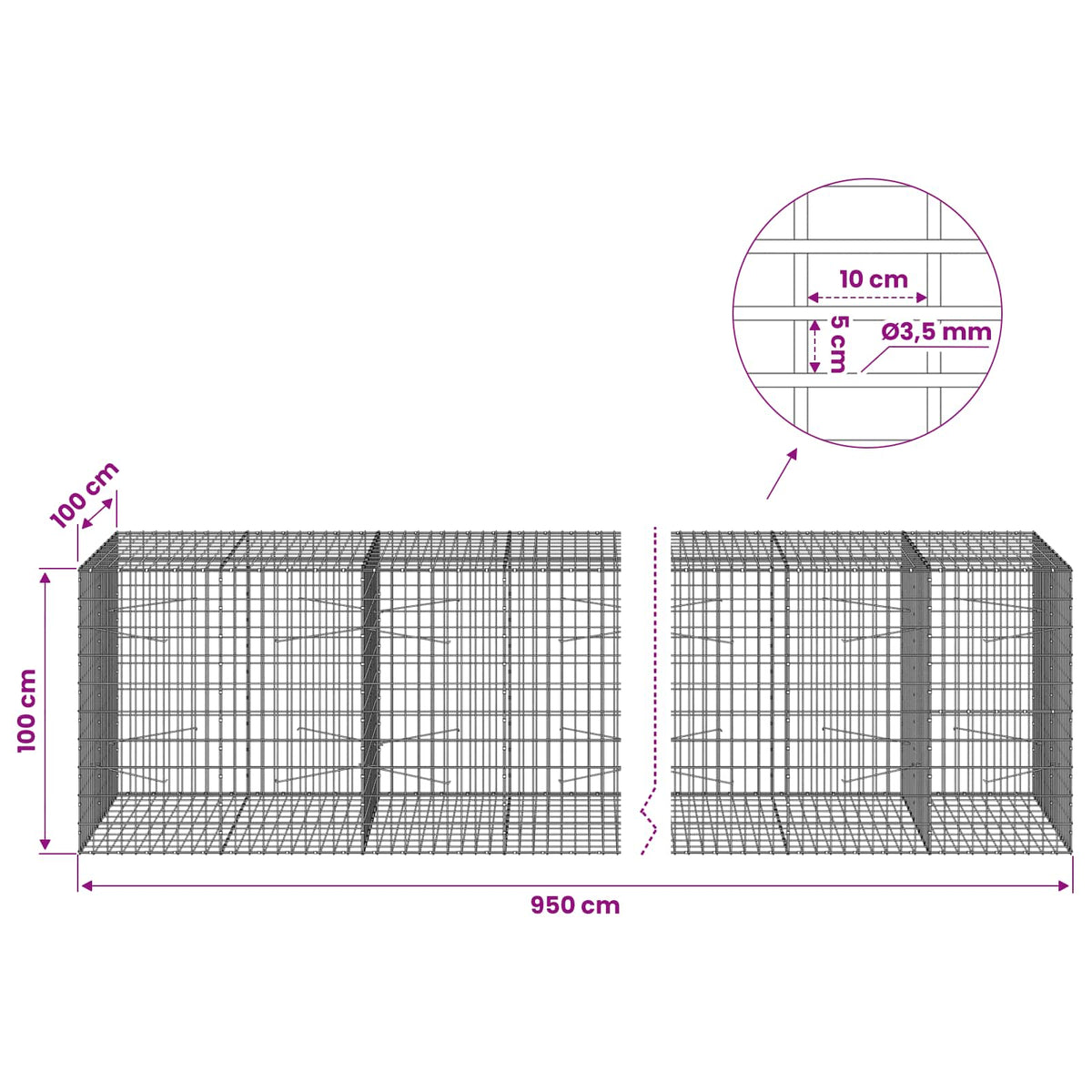 Γκαμπιόν με σύρμα 3,5 mm και πλέγμα 5x10 cm 950x100x100 εκ