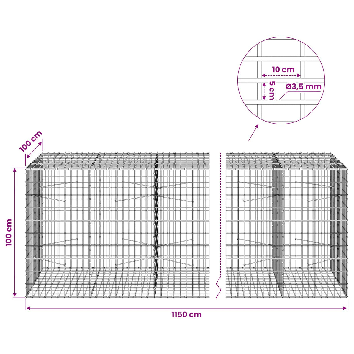 Γκαμπιόν με σύρμα 3,5 mm και πλέγμα 5x10 cm 1150x100x100 εκ.