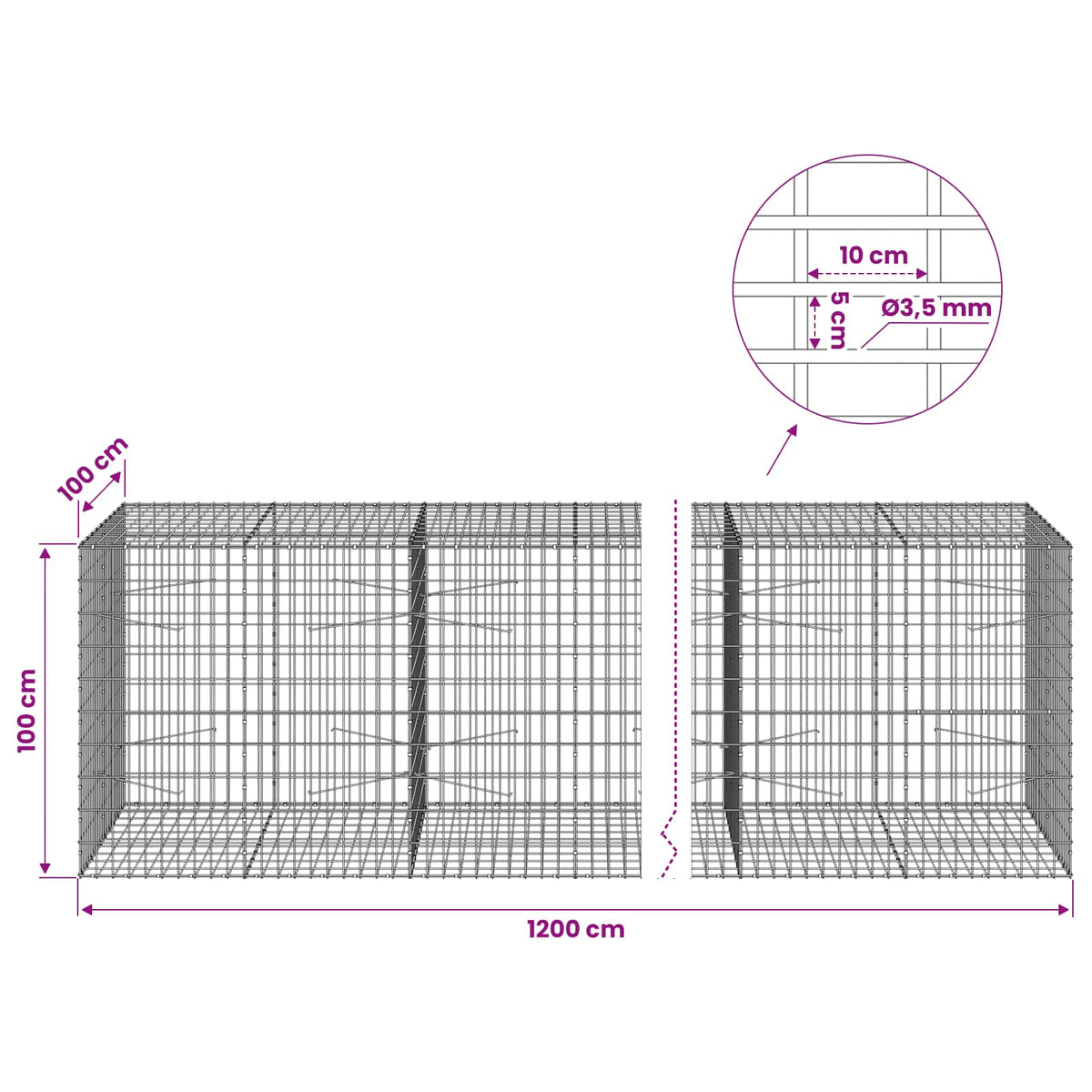 Γκαμπιόν με σύρμα 3,5 mm και πλέγμα 5x10 cm 1200x100x100 εκ - Pakobazaar
