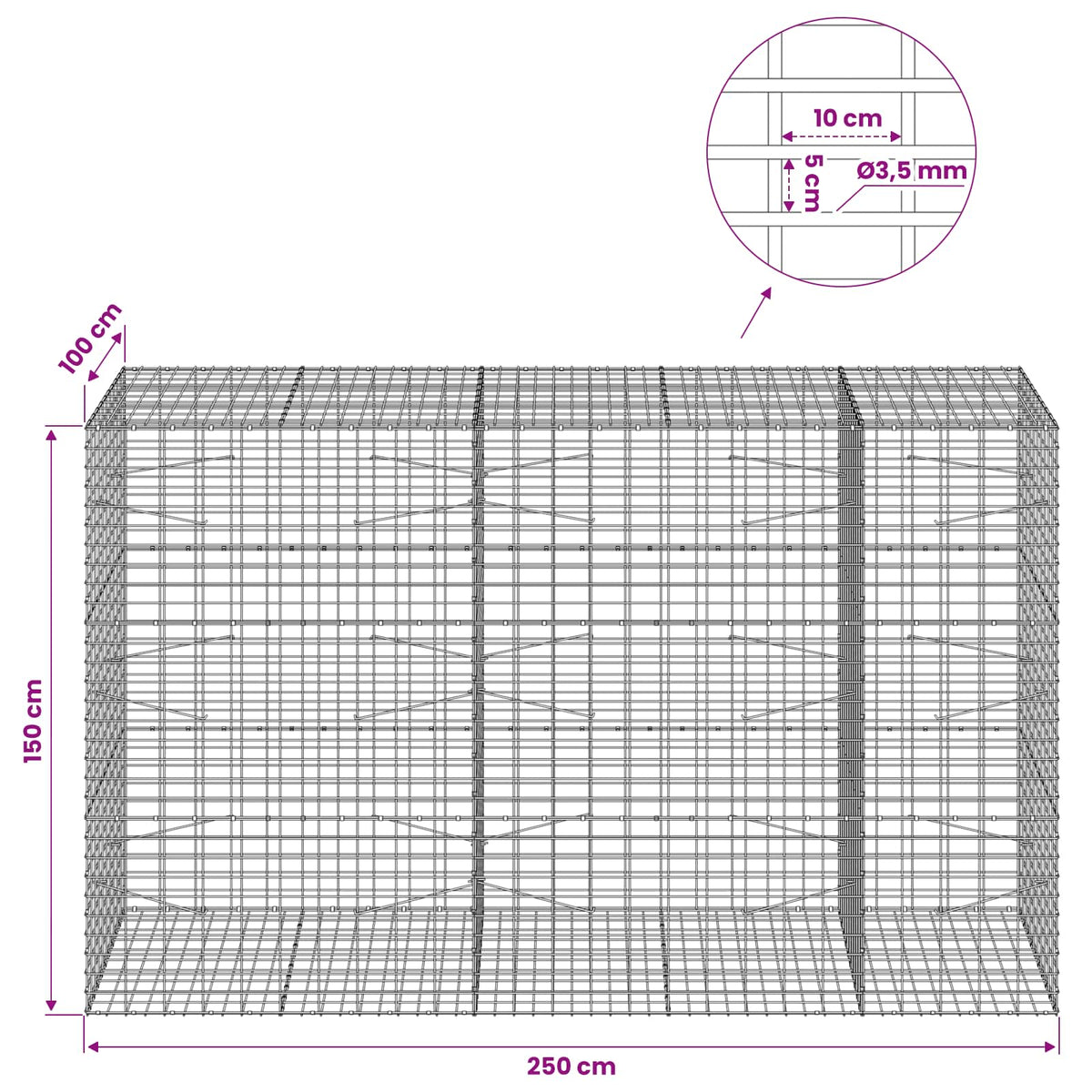 Γκαμπιόν με σύρμα 3,5 mm και πλέγμα 5x10 cm 250x100x150 εκ.