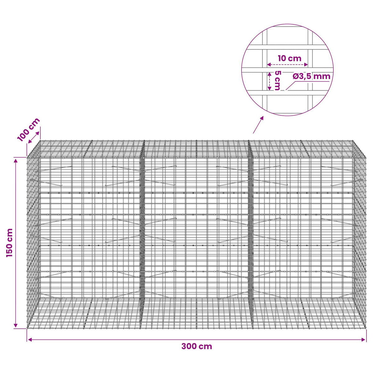 Γκαμπιόν με σύρμα 3,5 mm και πλέγμα 5x10 cm 300x100x150 εκ - Pakobazaar