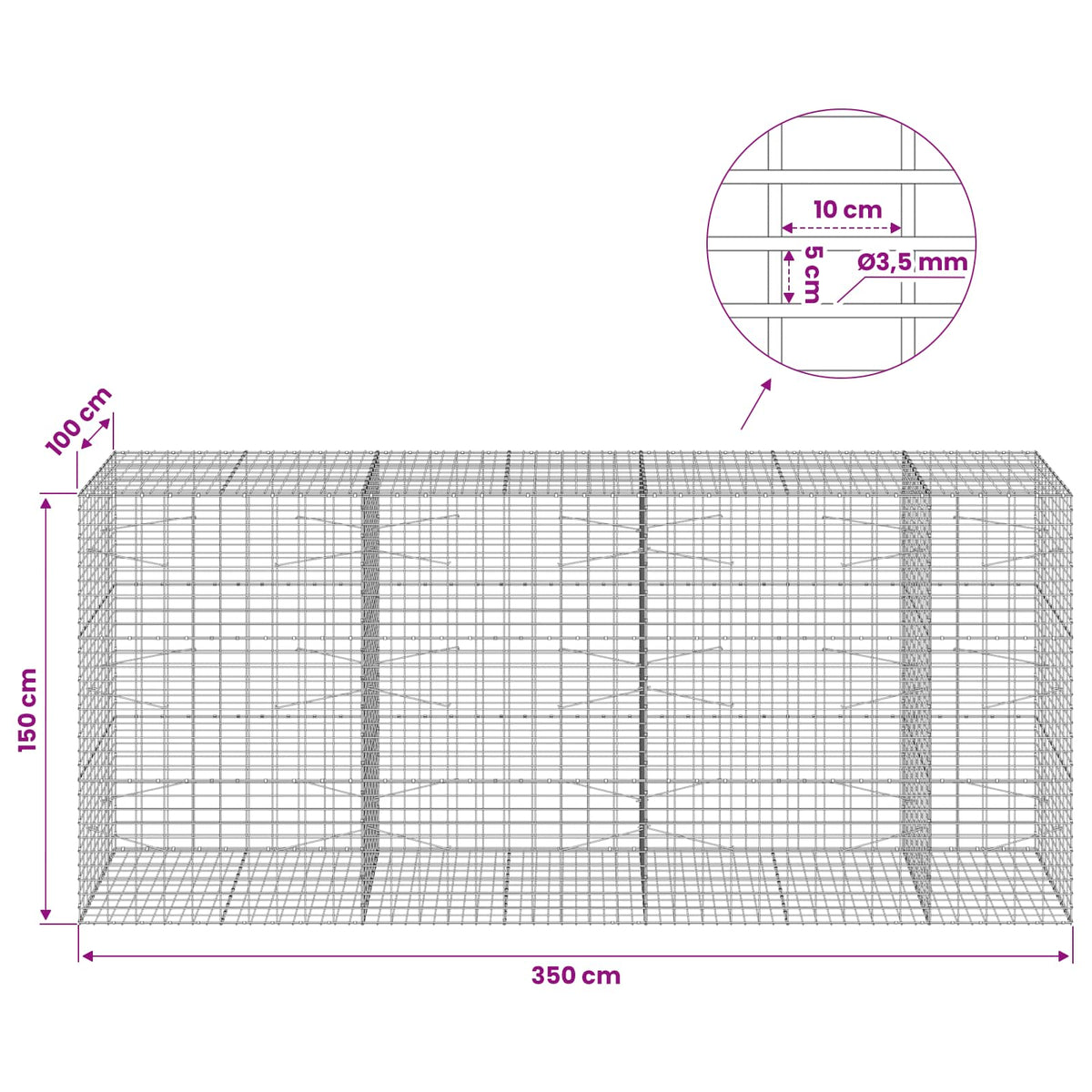 Γκαμπιόν με σύρμα 3,5 mm και πλέγμα 5x10 cm 350x100x150 εκ.