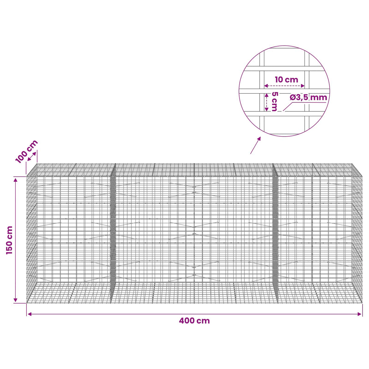 Γκαμπιόν με σύρμα 3,5 mm και πλέγμα 5x10 cm 400x100x150 εκ. - Pakobazaar